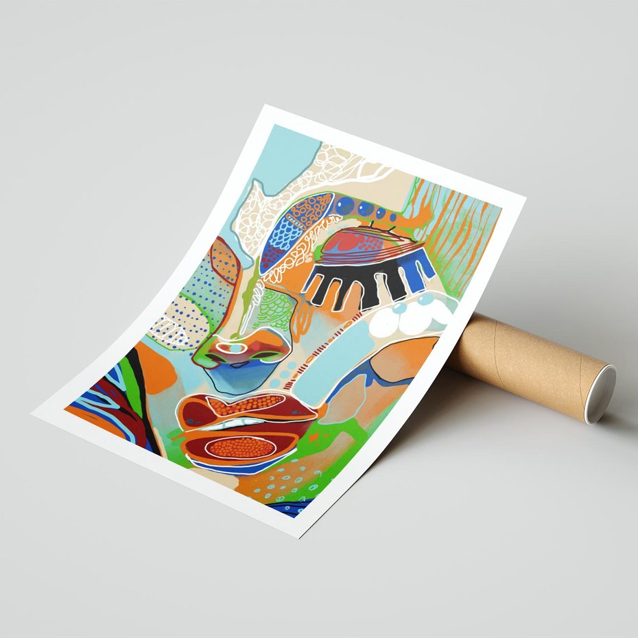 Plakat bez ramy 50x70 - Wibracje Kształtów - abstrakcyjny portret kobiety, twarz