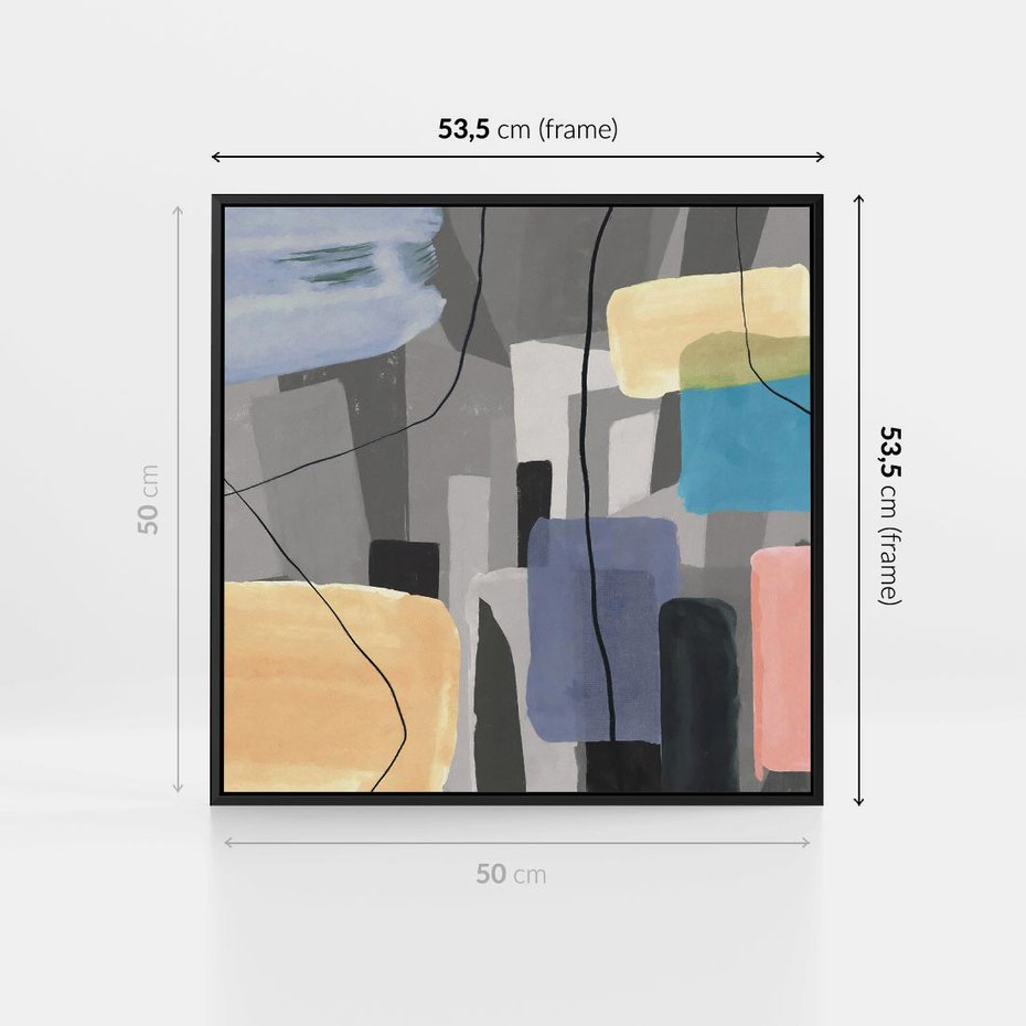 Obraz w ramie 50x50 - Harmonia w chaosie serca - abstrakcja na szarym tle, kolorowe plamy koloru - rama czarna