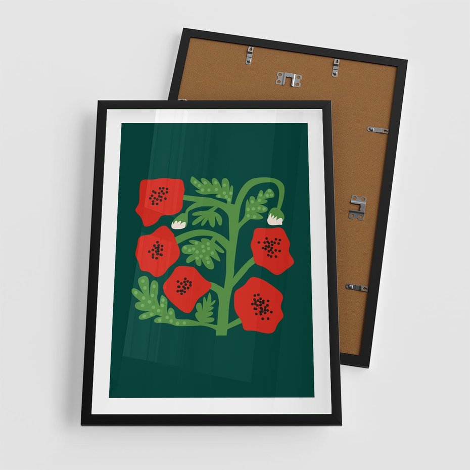 Plakat w ramie 50x70 - Księga Odbić - abstrakcyjna kwiatowa kompozycja, zielone mocne tło - rama czarna