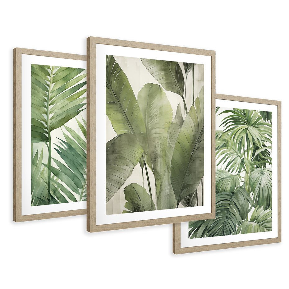 Zestaw obrazy w ramie 50x70 galeria - tropikalne, liście, palmy, bananowiec - rama drewno