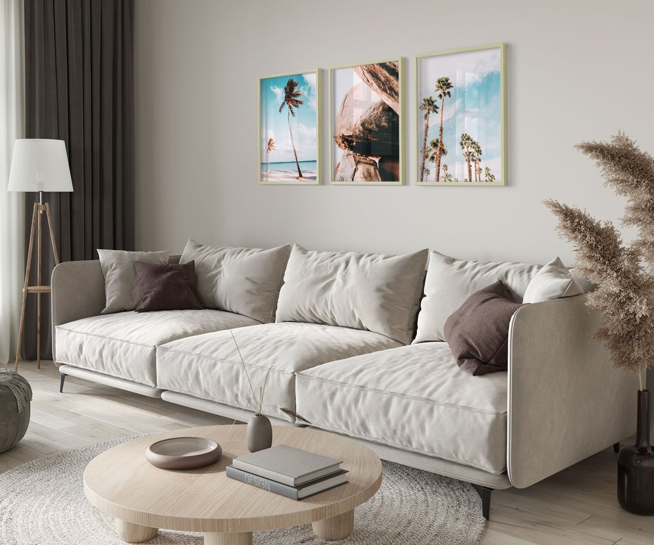 Zestaw obrazy w ramie 50x70 galeria - Palmy, plaża, morze, skały, lato - rama drewno