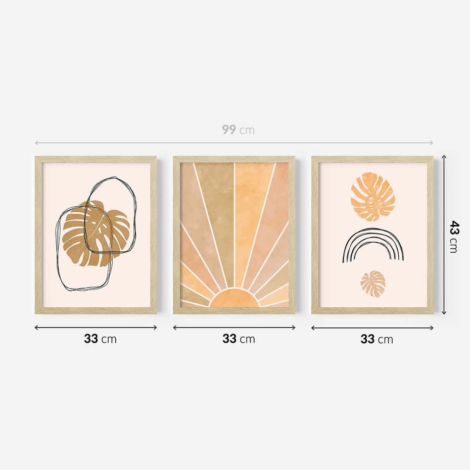 Zestaw obrazy w ramie 30x40 galeria - Boho, monstera, tęcza, nowoczesne - rama drewno