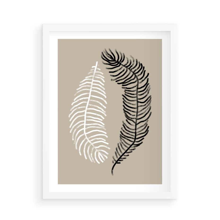 Plakat w ramie 50x70 - Spleciona Harmonia - sztuka nowoczesna, białe i czarne pióro - rama biała
