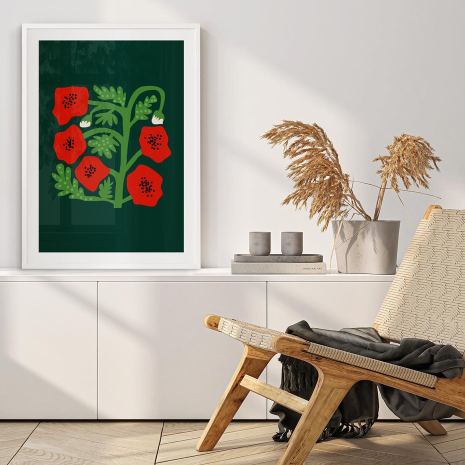 Plakat w ramie 30x40 - Księga Odbić - abstrakcyjna kwiatowa kompozycja, zielone mocne tło - rama biała