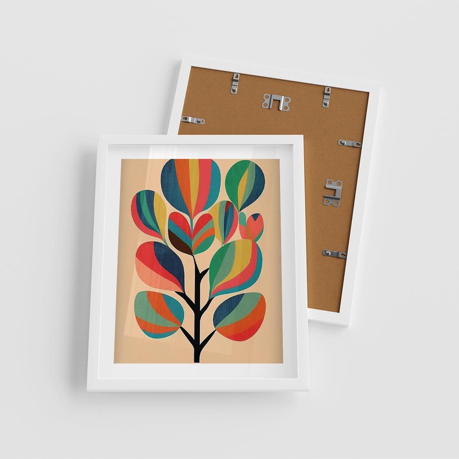 Plakat w ramie 40x50 - Harmonia Rozplątanych Form - abstrakcyjny kolorowy tęczowy obraz, inspiracje roślinne - rama biała