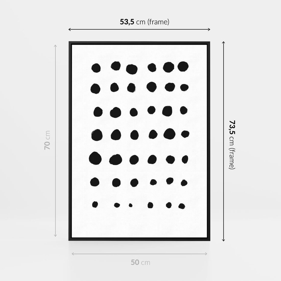 Obraz w ramie 50x70 - Refleksje Światła - minimalistyczna kompozycja, czarne kropkina białym tle - rama czarna