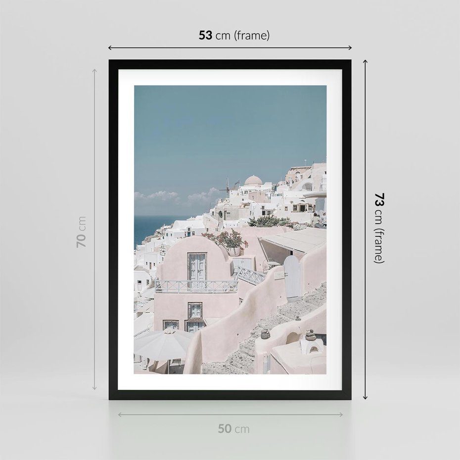 Plakat w ramie 50x70 - Śródziemnomorski Urok - zdjęcie Santorini, białe budynki - rama czarna