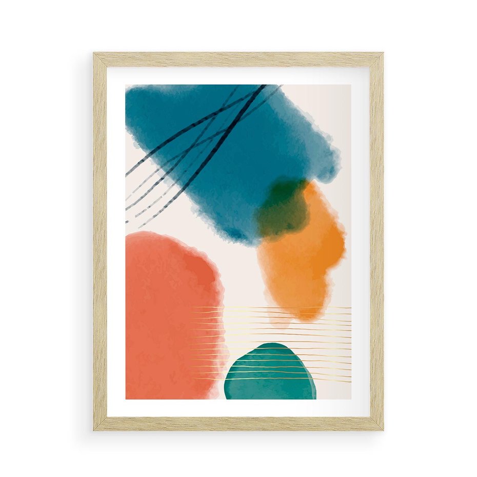 Plakat w ramie 50x70 - Migotliwe Pochwycenia - abstrakcyjne kolorowe plamy, akwarela - rama drewno