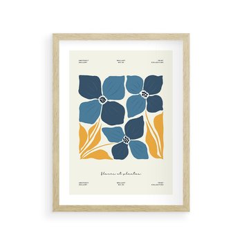 Plakat w ramie 50x70 - Błękitne Nowości - niebieskie kwiaty, nowoczesna sztuka - rama drewno
