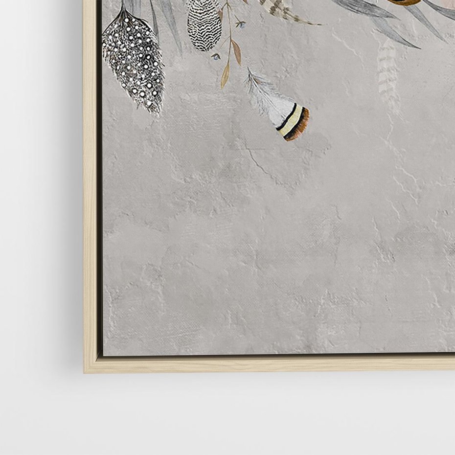 Obraz w ramie 80x80 - Sploty losu na płótnie - kompozycja boho piór, indiańskie pióra - rama drewno