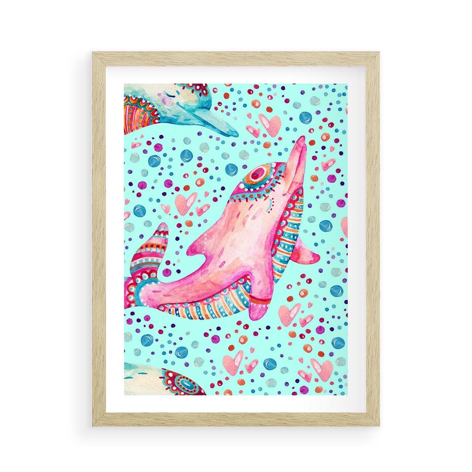 Plakat w ramie 50x70 - Lekkość W Ruchu - delfin, akwarela - rama drewno