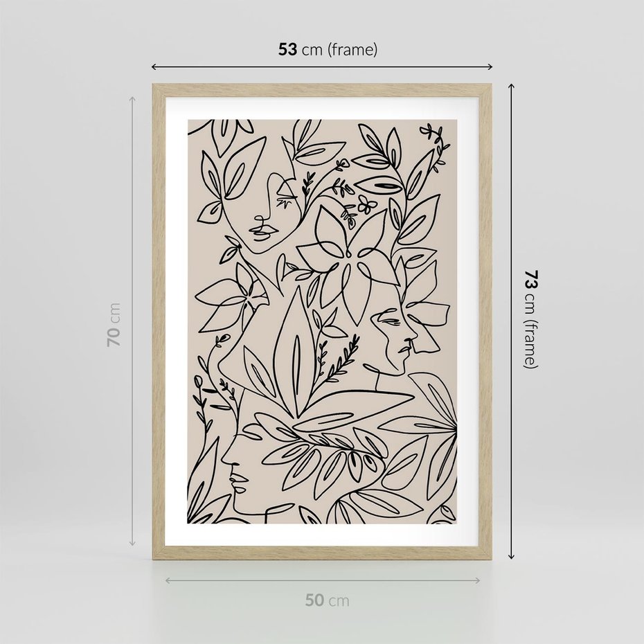 Plakat w ramie 50x70 - Kobiecy Portret Duszy - beżowe tło, czarny szkic nowoczesnych kwiatów - rama drewno