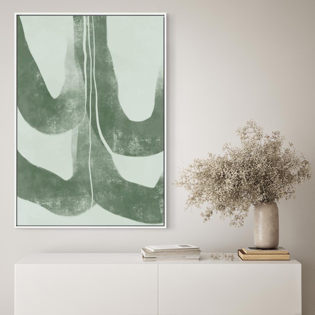 Obraz w ramie 50x70 - Nurtująca Kompozycja Zieleni - abstrakcyjne delikatne zielone linie, podobne do gałęzi kwiatów - rama biała