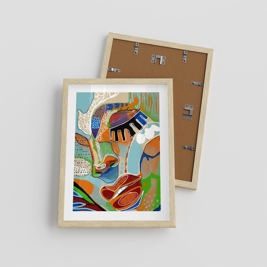 Plakat w ramie 30x40 - Wibracje Kształtów - abstrakcyjny portret kobiety, twarz - rama drewno