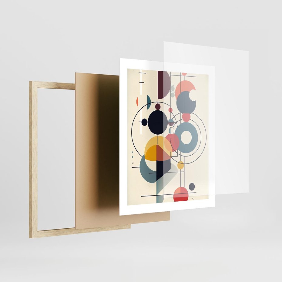 Plakat w ramie 40x50 - Rozbijające Barwne Granice - abstrakcyjna geometryczna kompozycja, koła linie - rama drewno