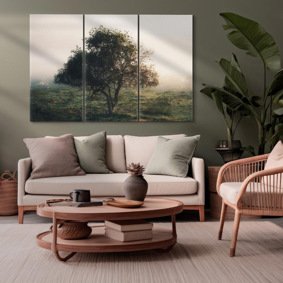 Obraz na płótnie 120x80 - Zamglona Prostota - artystyczna fotografia, samotne drzewo na zamglonej łące