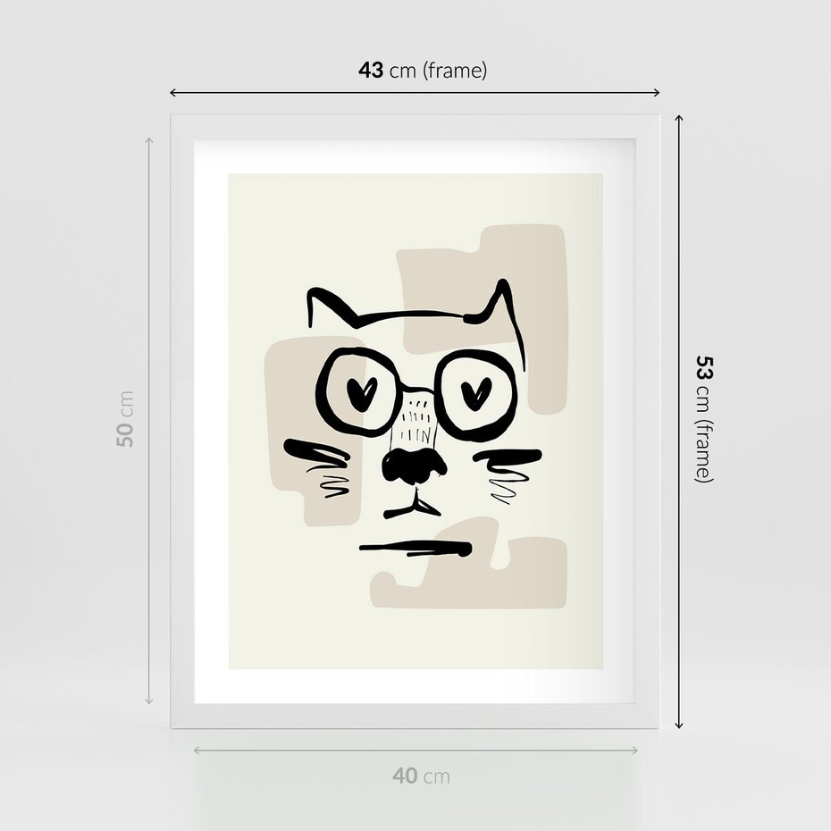 Plakat w ramie 40x50 - Minimalistyczny Kot: Czarna Kreska - kot, grafika - rama biała