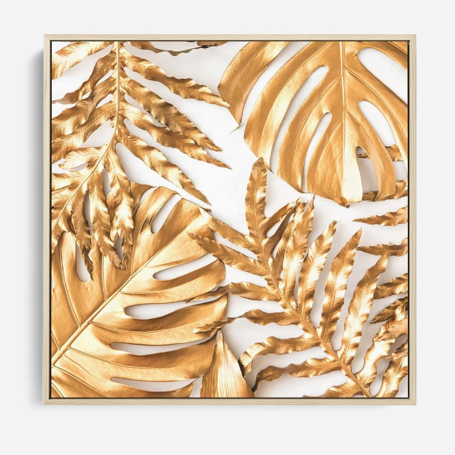 Obraz w ramie 50x50 - Monstera Złote Liście - monstera, złote - rama drewno