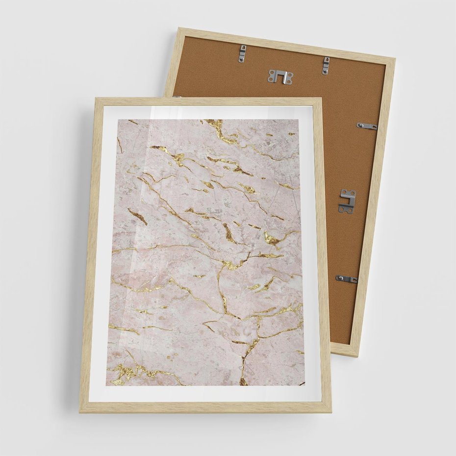 Plakat w ramie 50x70 - Beżowy Marmur i Złoto - marmur, beżowy marmur - rama drewno
