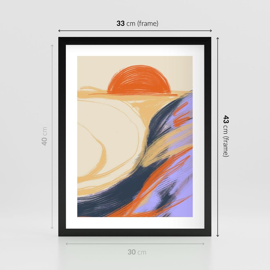 Plakat w ramie 30x40 - Pomarańczowy Horyzont - pastelowy krajobraz, nowoczesny plakat - rama czarna