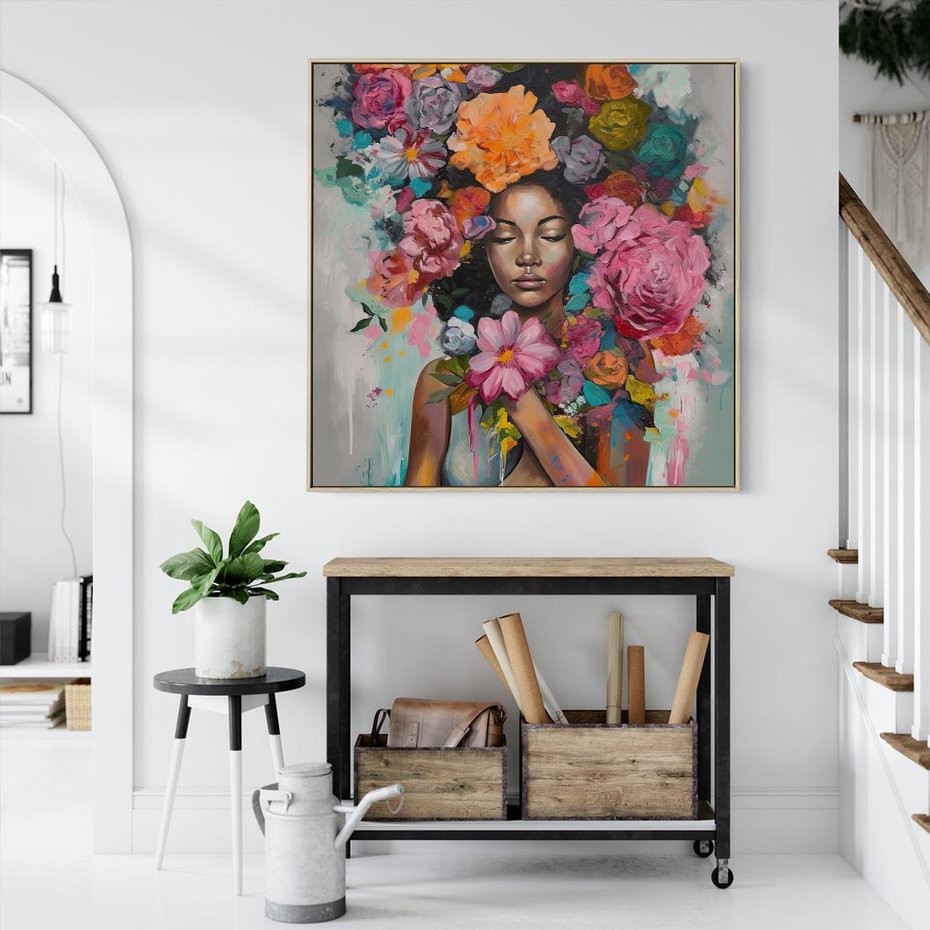 Obraz w ramie 50x50 - Z Głową w Kwiatach - obraz olejny, sztuka nowoczesna - rama drewno