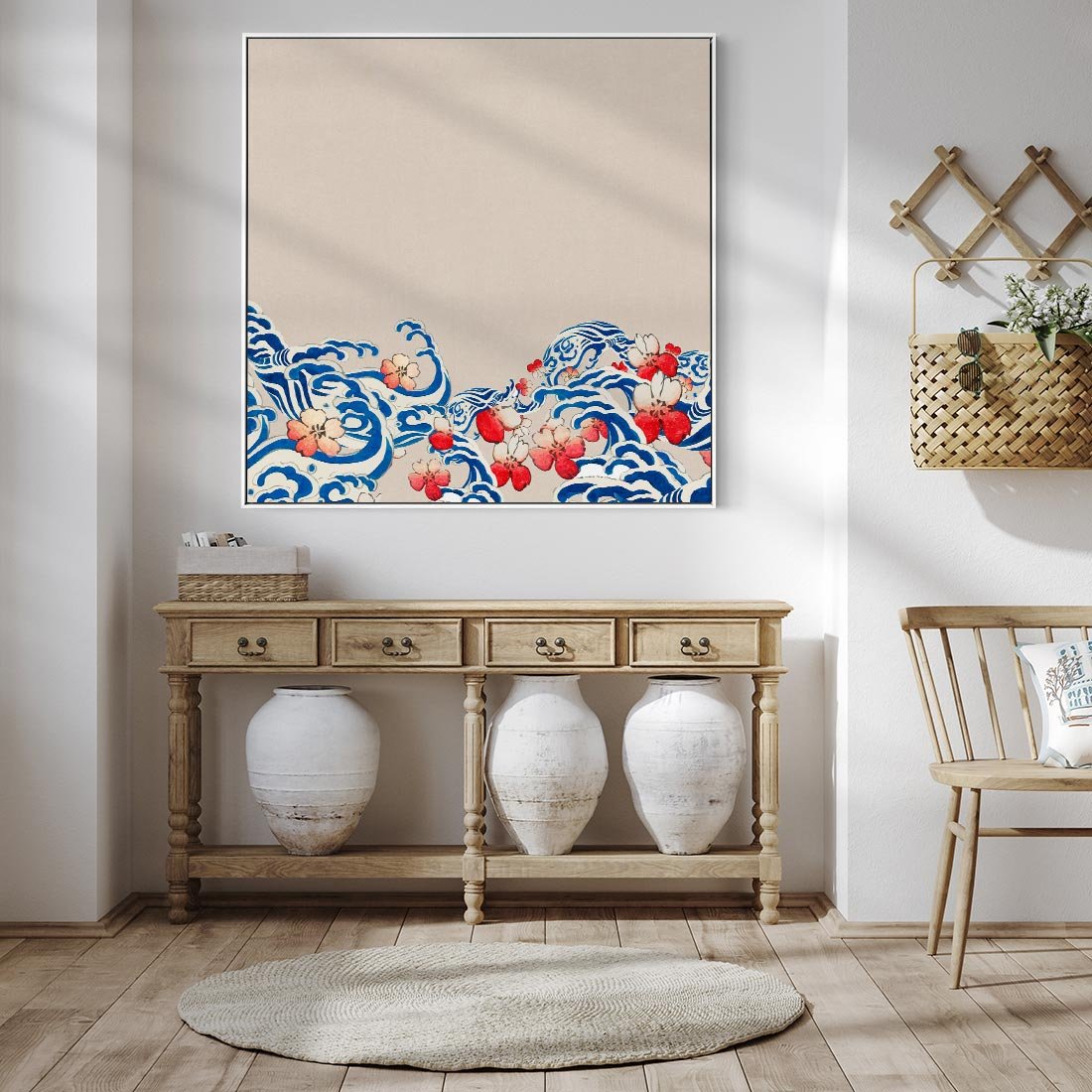 Obraz w ramie 50x50 - Japońska Harmonia: Falujące Kwiaty - japonia, orientalne kwiaty wiśni - rama biała