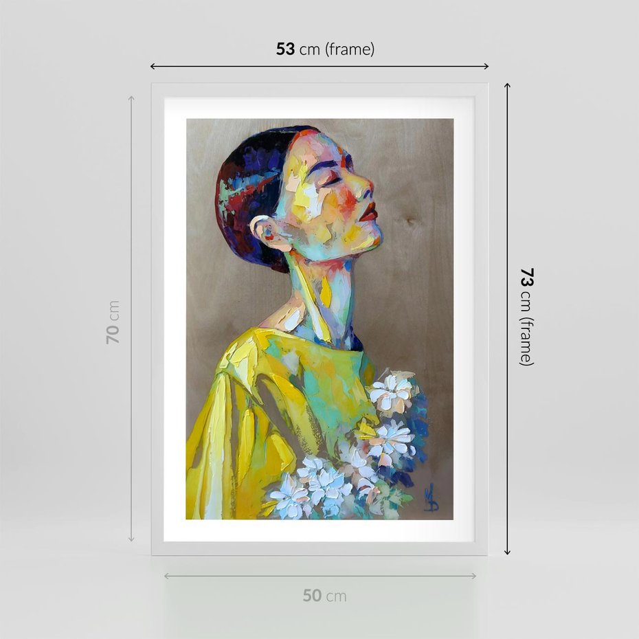 Plakat w ramie 50x70 - W Żółtej Sukience - olejny abstrakcyjny obraz, portret kobiety w żółtej sukience - rama biała