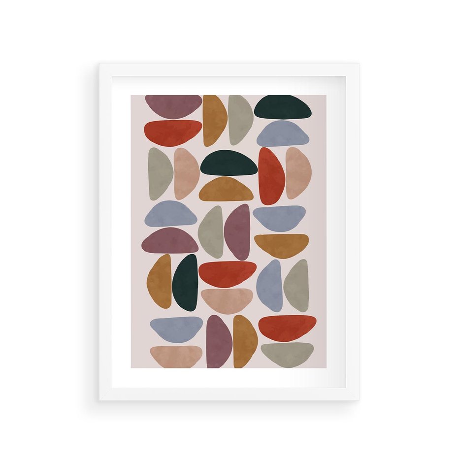 Plakat w ramie 30x40 - Kolorowe Echo Boho - abstrakcyjny obraz, geometryczna kompozycja - rama biała