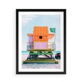 Plakat w ramie 50x70 - Plaża Miami w Słoneczny Dzień - domek ratownika, kolorowy - rama czarna