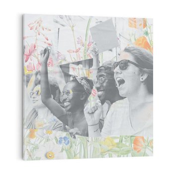 Obraz na płótnie 50x50 - Księga zaklętych marzeń - kolaż, czarnobiałe zdjęcie wesołych młodych ludzi