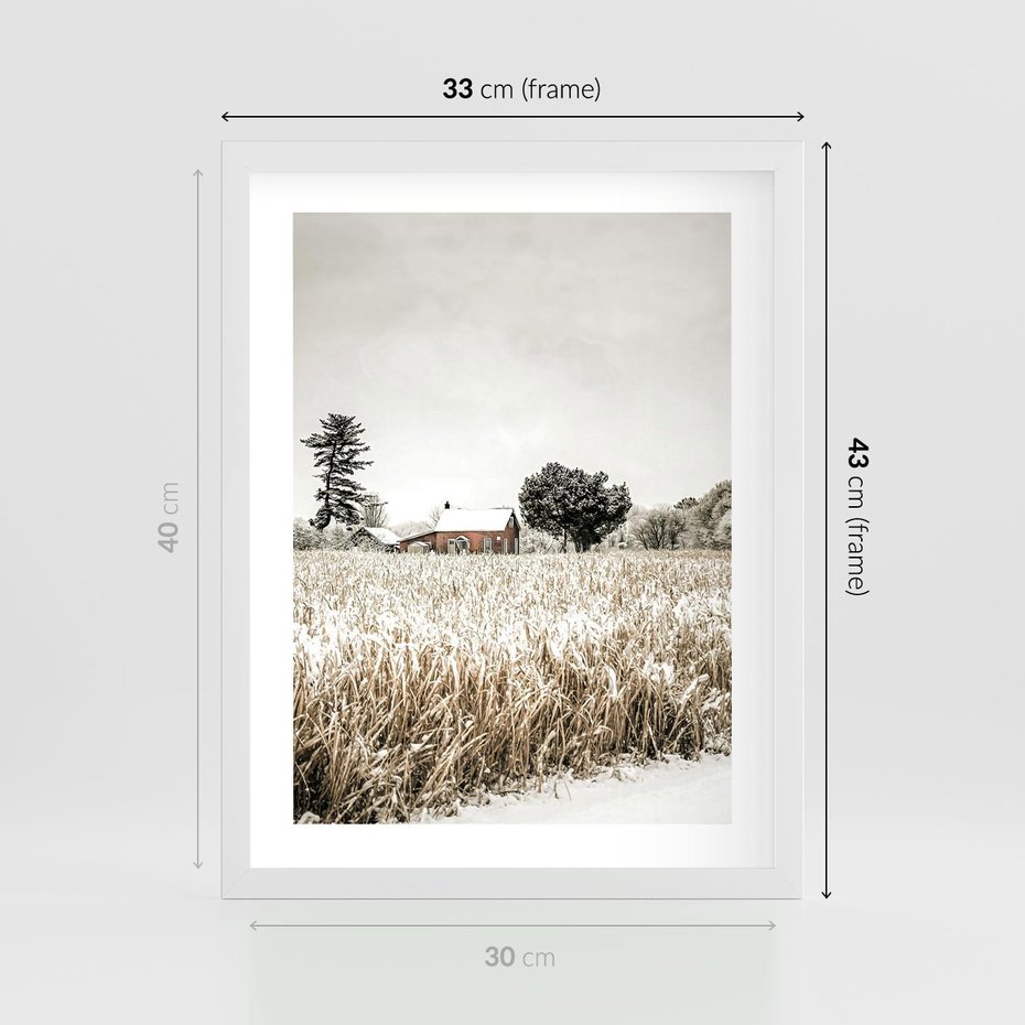 Plakat w ramie 30x40 - Idylliczna Zima - zima, krajobraz zimowy - rama biała