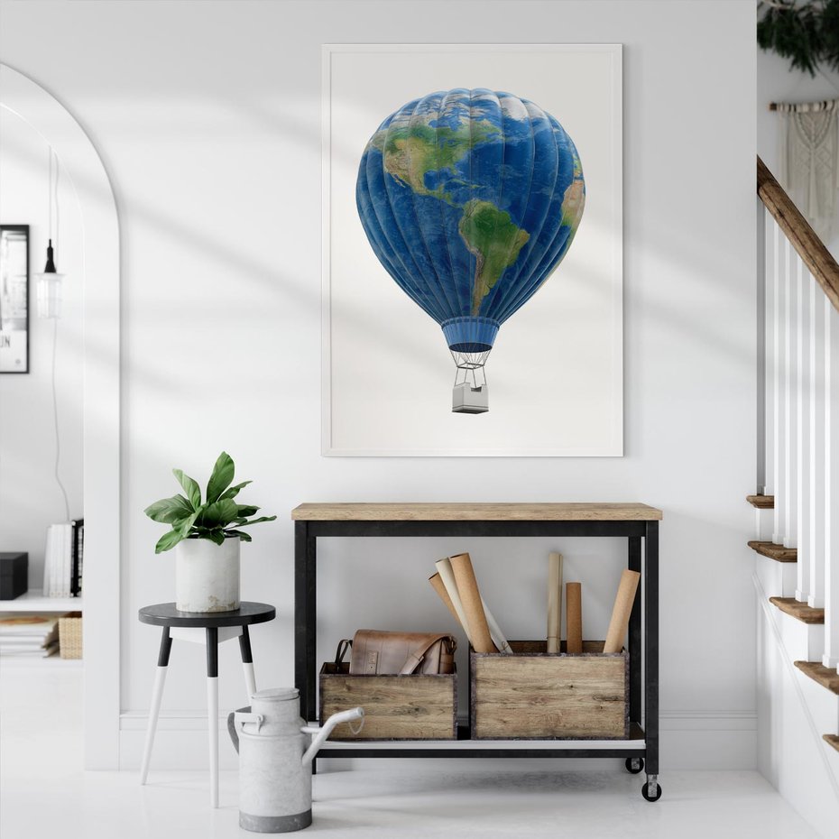 Plakat bez ramy 21x30 - Podróżniczy balon nad ziemią - balon, ziemia