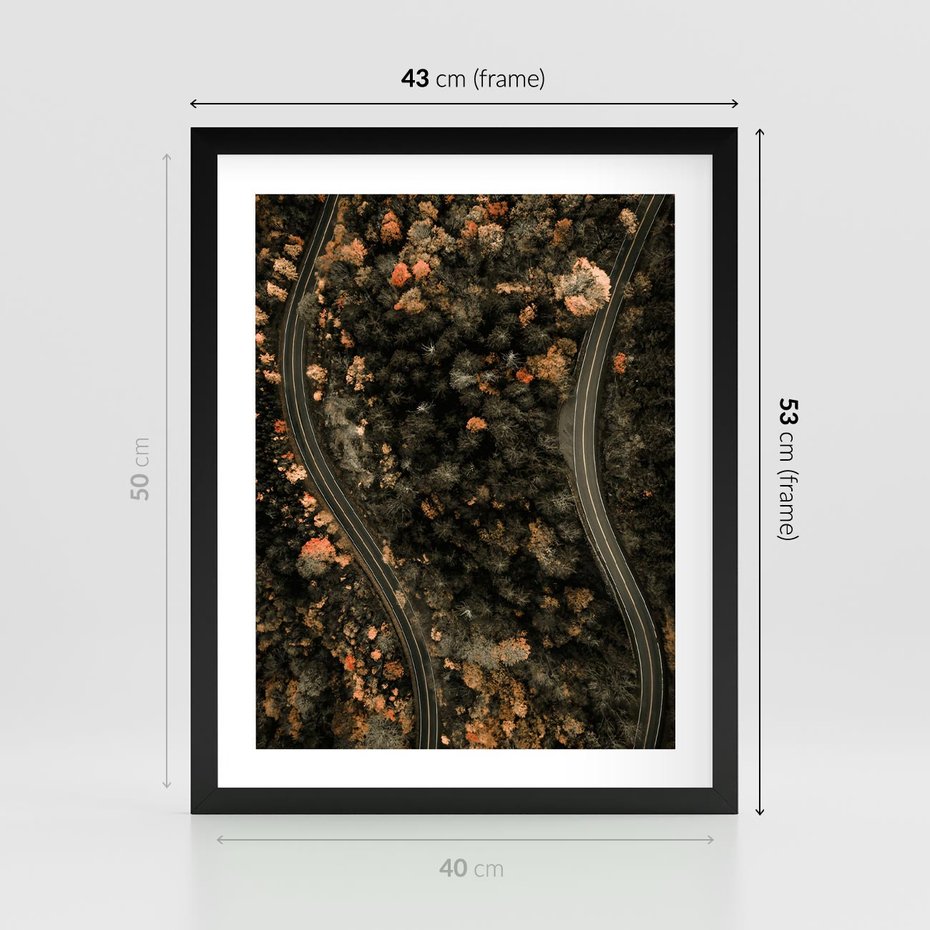 Plakat w ramie 40x50 - Las i Droga w Kolorach Jesieni - droga, ujęcie z góry - rama czarna