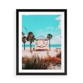 Plakat w ramie 50x70 - Plaża, Palmy i Spokój Miami - budka ratownika, plaża Miami - rama czarna