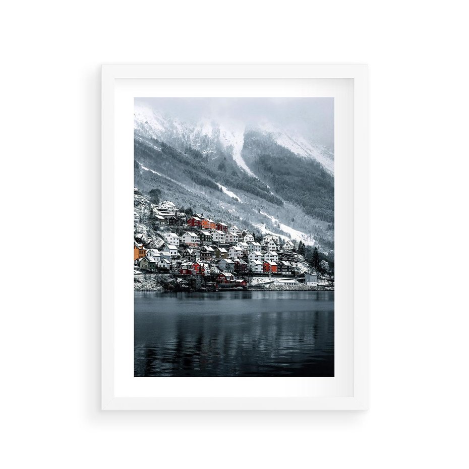 Plakat w ramie 30x40 - Skandynawia na Wzgórzach - domki na wzgórzu, skandynawia - rama biała