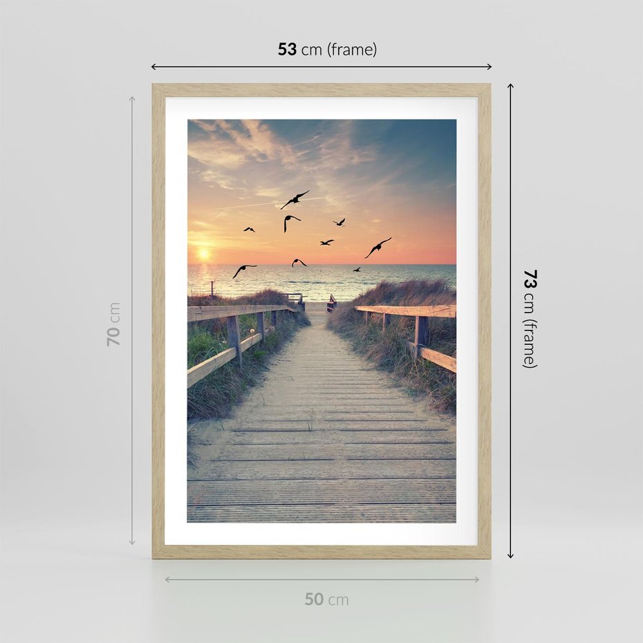 Plakat w ramie 50x70 - Sielanka nad brzegiem - plaża, pomost - rama drewno