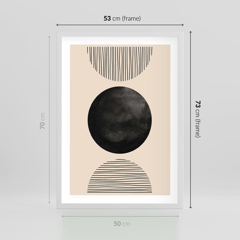 Plakat w ramie 50x70 - Minimalizm w Kształtach - geometryczny graficzny obraz, czarne koło - rama biała