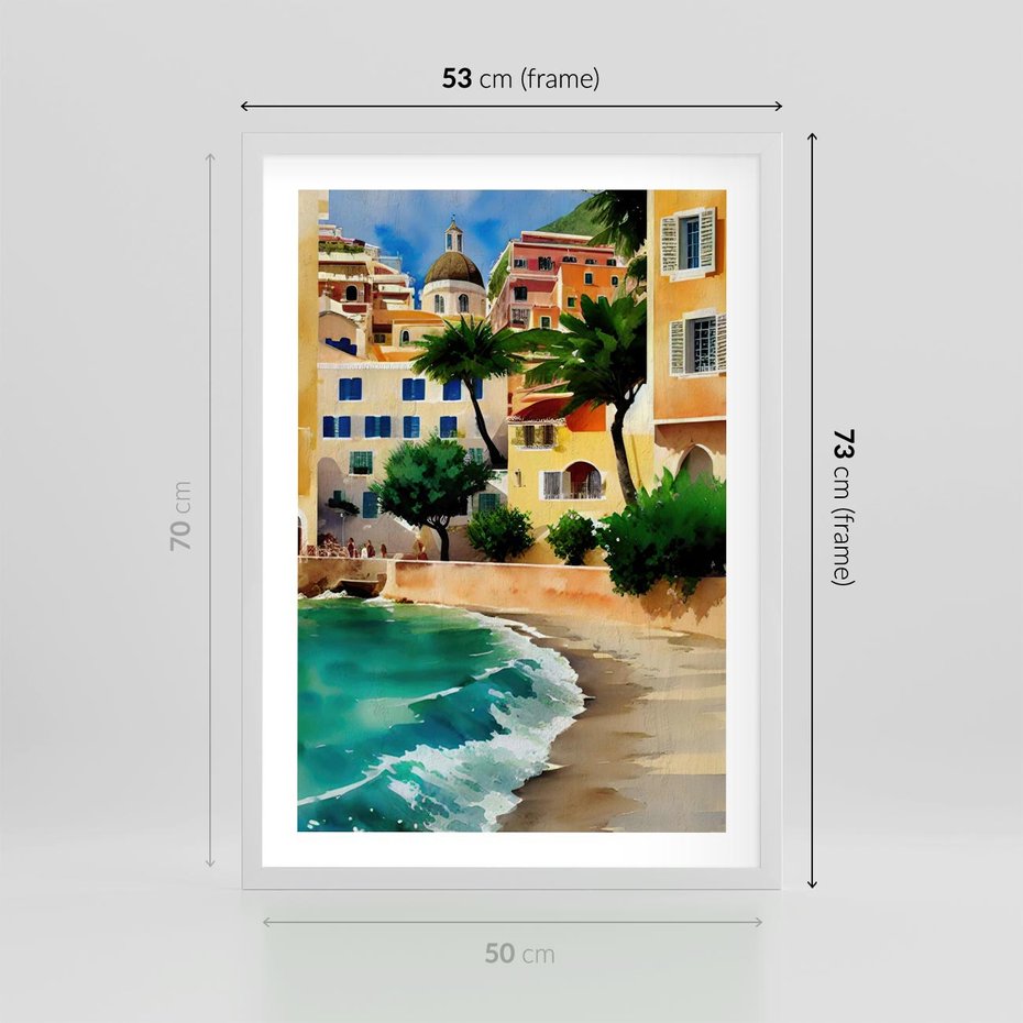 Plakat w ramie 50x70 - Zamieszkajmy Tu - akwarela, śródziemnomorski klimat - rama biała