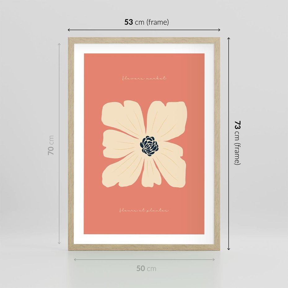 Plakat w ramie 50x70 - Malowane Kolorowe Echa - minimalistyczna grafika, biały kwiat na różowym tle - rama drewno