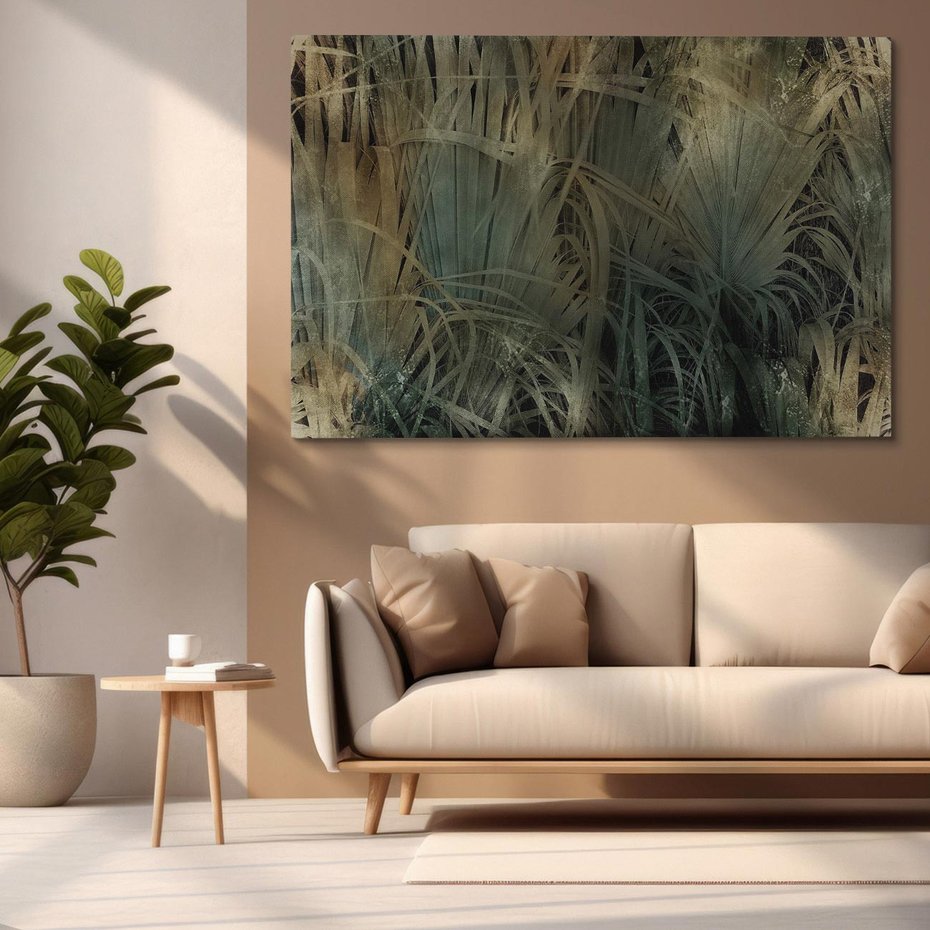 Obraz na płótnie 100x70 - Światło w mroku duszy - liście traw, mroczny klimat