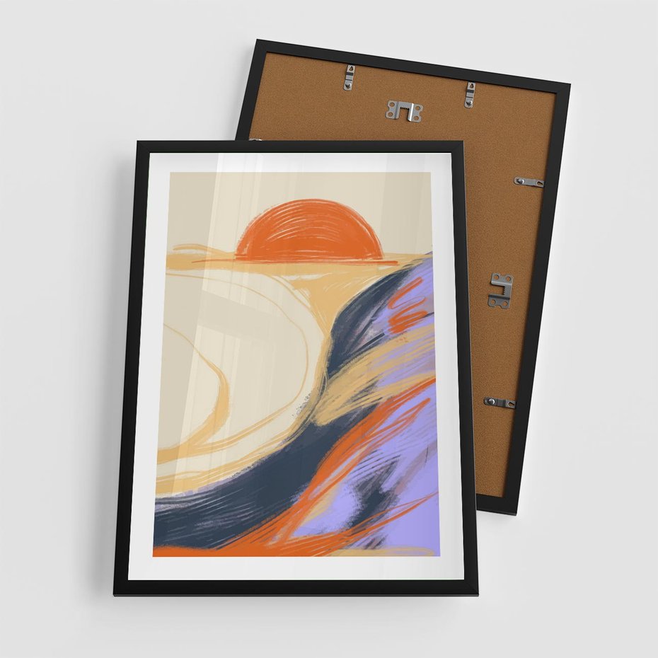 Plakat w ramie 50x70 - Pomarańczowy Horyzont - pastelowy krajobraz, nowoczesny plakat - rama czarna