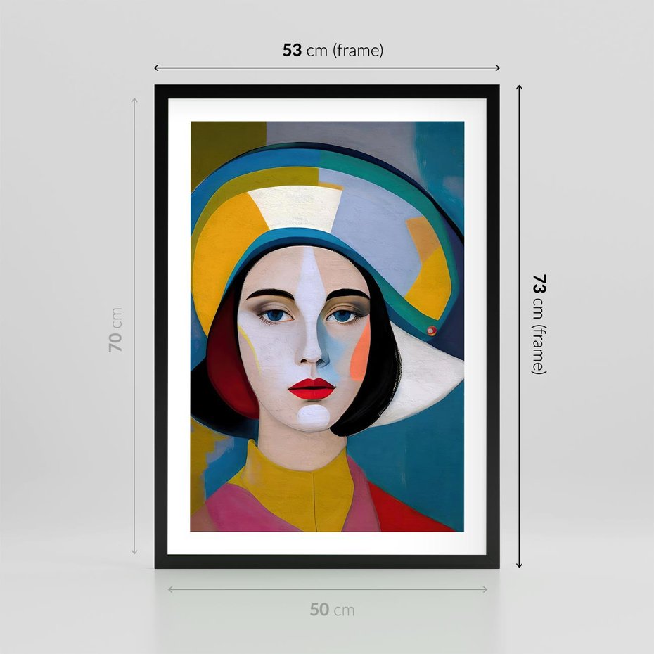 Plakat w ramie 50x70 - Kształtujące Widzenia - abstrakcyjny obraz olejny, portret twarzy kobiety - rama czarna