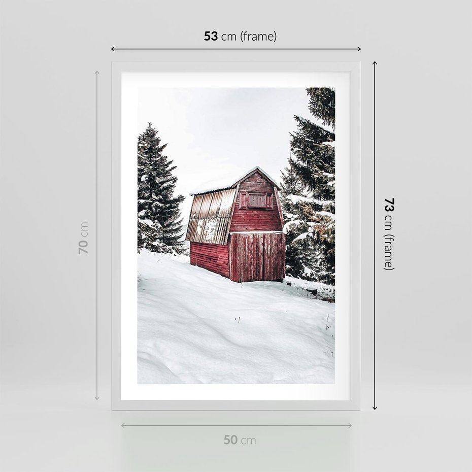 Plakat w ramie 50x70 - Domek w Śnieżnych Górach - domek, góry - rama biała