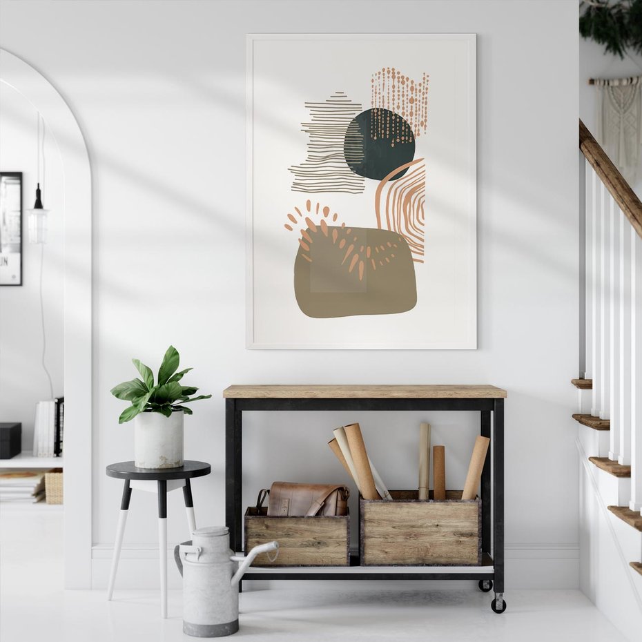 Plakat w ramie 50x70 - Taniec Plam - abstrakcyjna kompozycja z kropek kresek i kółek, odcienie brązu i beżu - rama biała