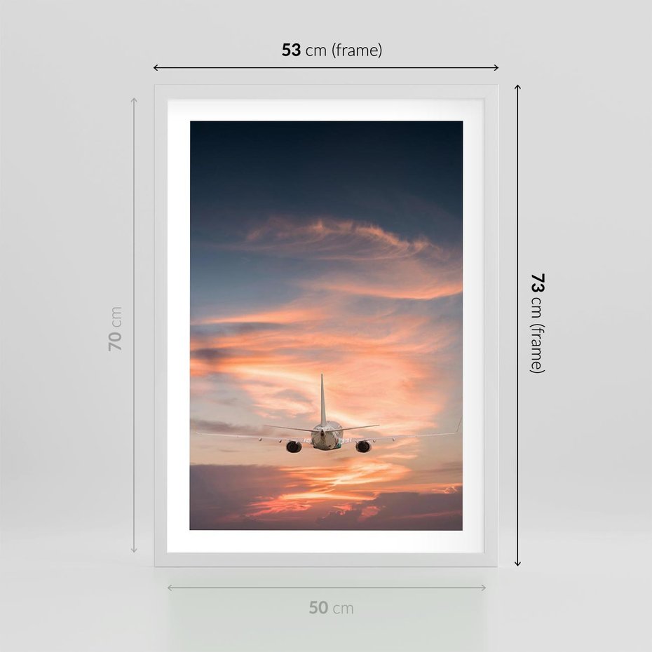 Plakat w ramie 50x70 - Podróż w Kierunku Słońca - samolot, samolot w powietrzu - rama biała