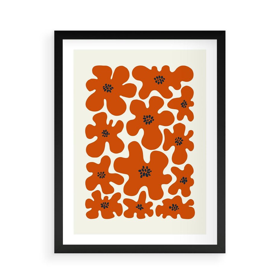 Plakat w ramie 50x70 - Wibracje Przestrzeni - abstrakcyjne czerwone kwiaty, kompozycja - rama czarna
