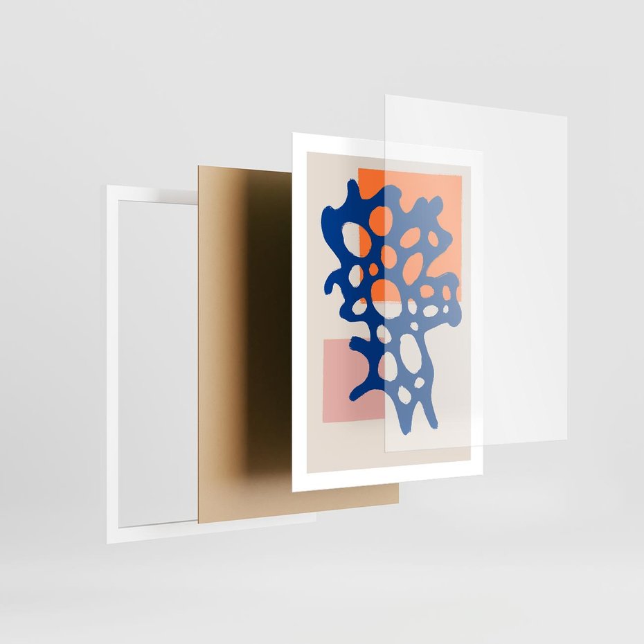 Plakat w ramie 50x70 - Migotliwe Nastroje - abstrakcyjna niebieska forma, dziwne kształty - rama biała