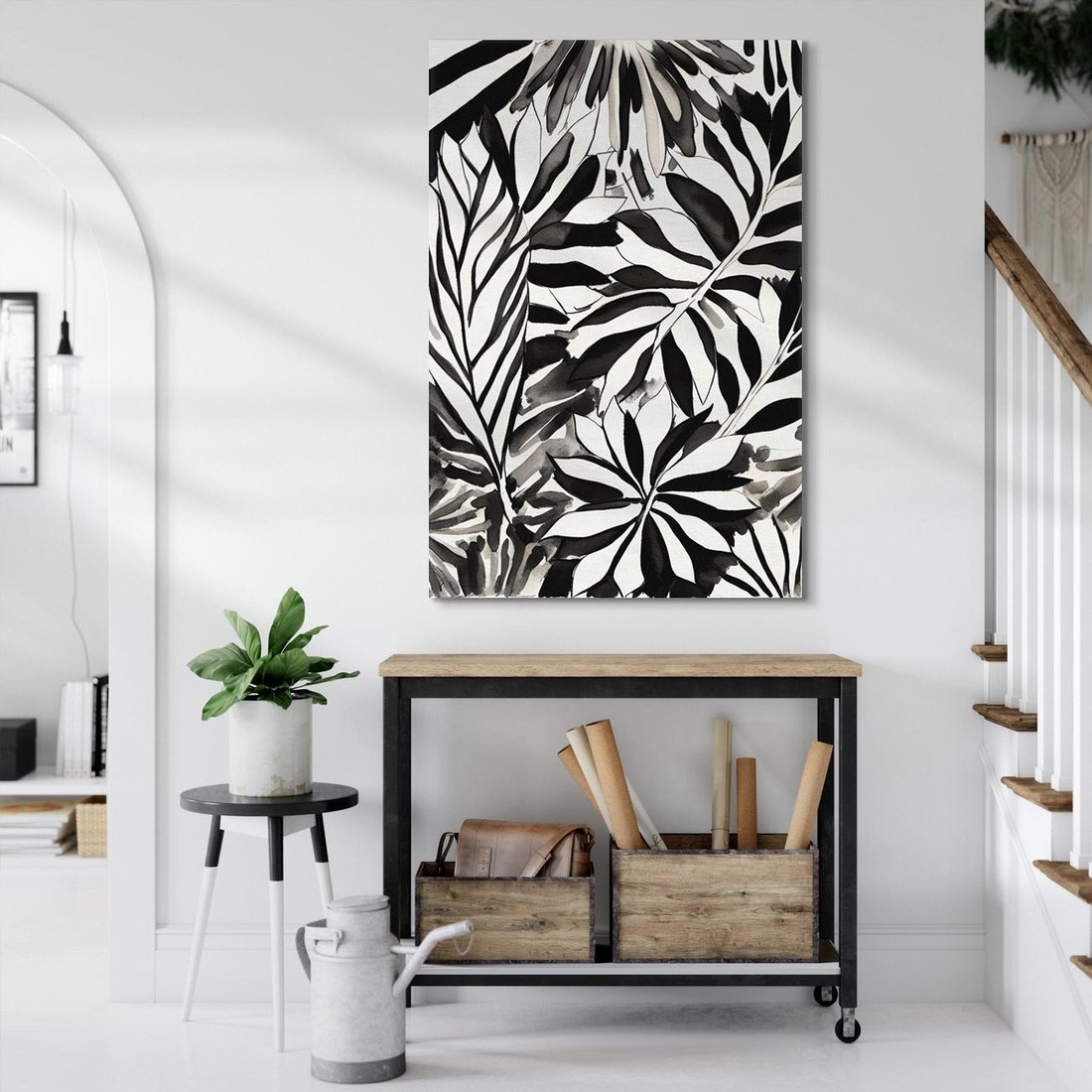 Obraz na płótnie 70x100 - Czarne Liście - akwarelowy obraz, czarno biały