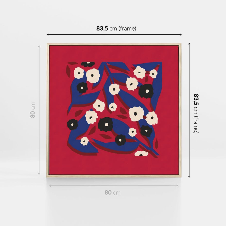 Obraz w ramie 80x80 - Kolorowe Przenikanie - abstrakcyjna kwiatowa kompozycja, czerwone mocne tło - rama drewno