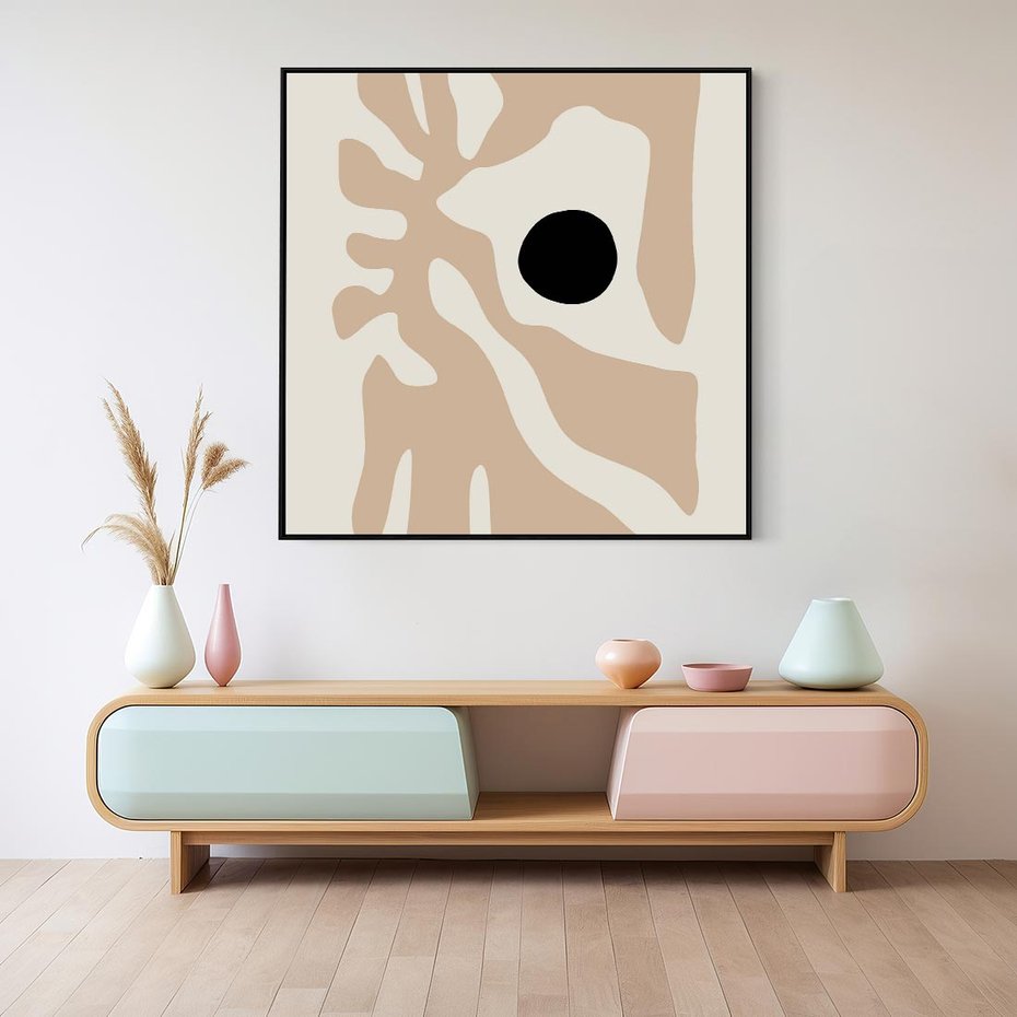 Obraz w ramie 50x50 - Eksploracja Abstrakcji - beżowa absrakcyjna kompozycja, czarny akcent - rama czarna